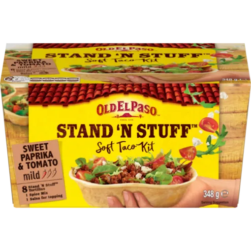 Picture of Old El Paso Stand 'N Stuff Soft Taco Kit Original Sweet Paprika & Tomato Mild 8 Pack 348G